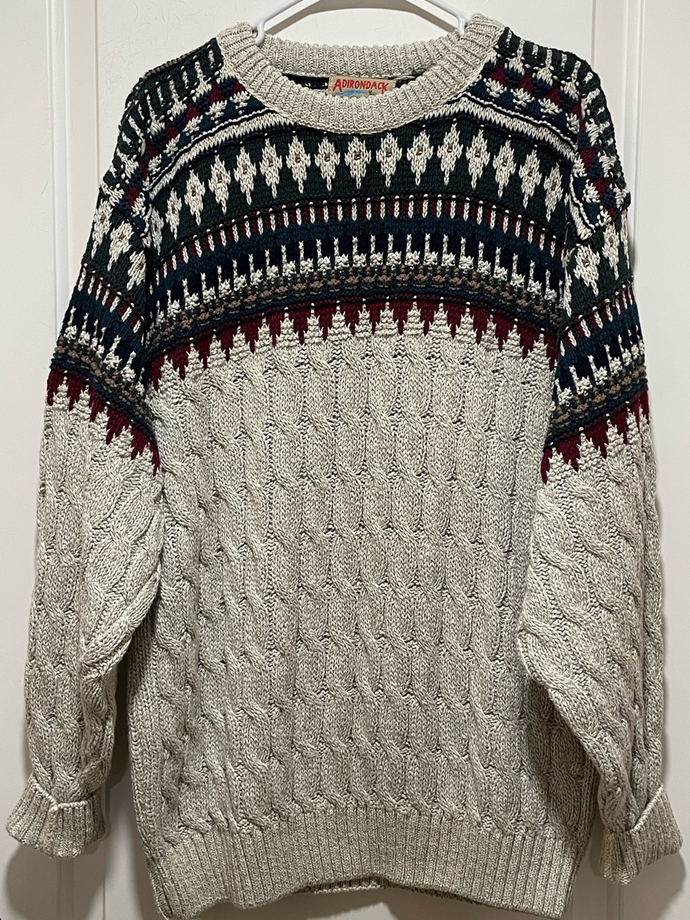 Vintage Ski Lodge Adirondack Men’s Sz L Cable Crewneck Sweater Cream Fair Isle